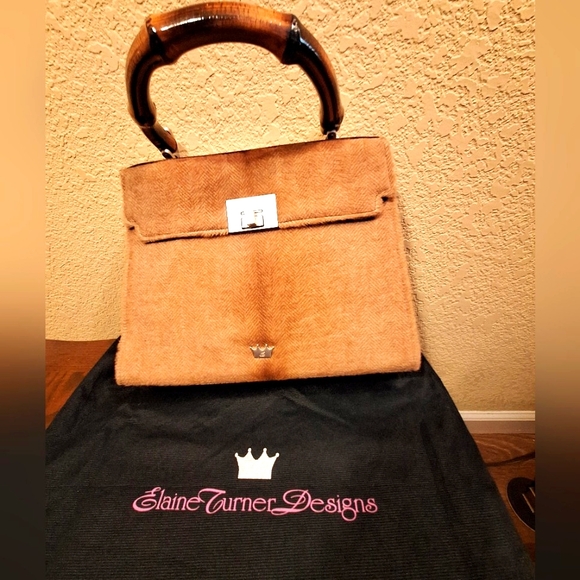 Elegant Brown Handbag with Bamboo Handle from Elaine Turner of Houston. - Picture 1 of 9